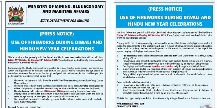 Joho gave guidelines on the use of fireworks during Diwali and Hindu New Year celebrations