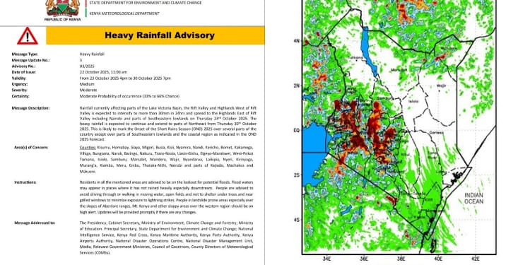 Kenya Met heavy rainfall alert and weather forest for the last week of October. PHOTO/Kenya Met.