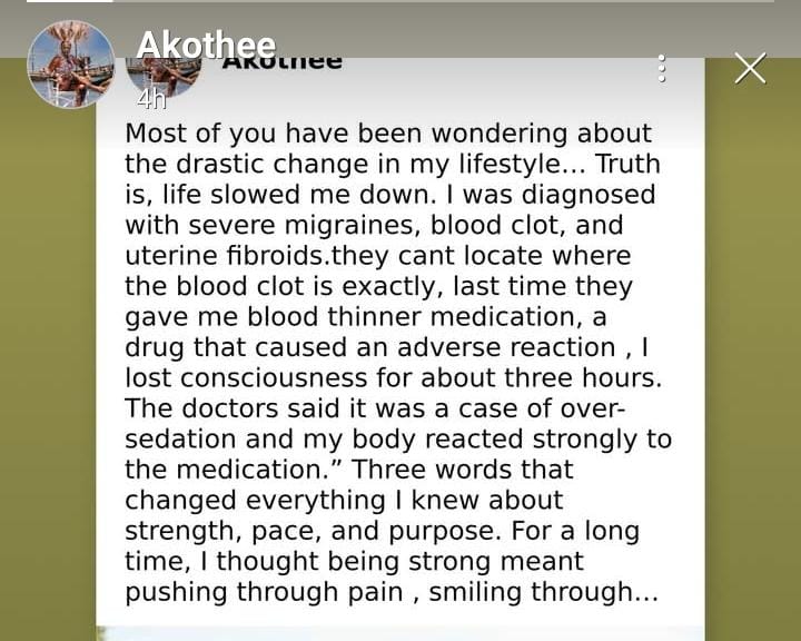 Akothee, has revealed that she has been diagnosed with severe migraines, a blood clot, and uterine fibroids