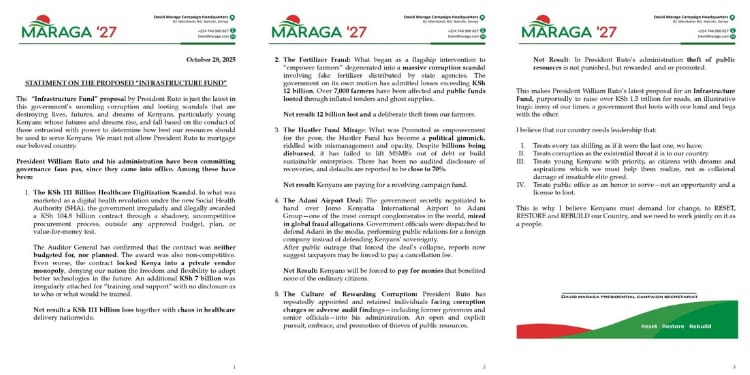Former Chief Justice (CJ) and Presidential candidate David Maraga has criticized President William Ruto over his KSh1.5 trillion Infrastructure Fund.