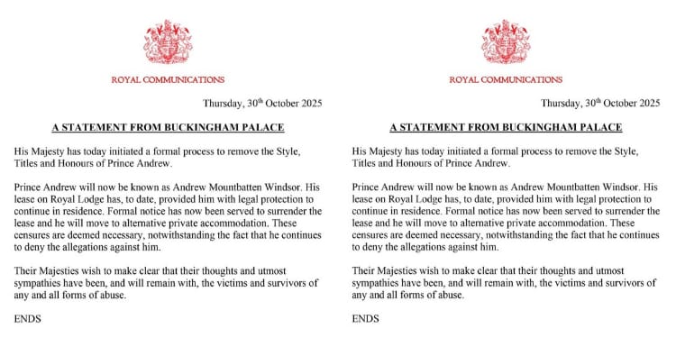 Prince Andrew has been stripped of all his royal titles and has been evicted from Windsor Castle, the palace announced