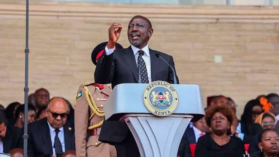 President William Ruto at Nyayo Stadium addressing mourners. PHOTO/D....KDF