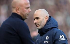 Arne Slot and Enzo Maresca during the previous match between Chelsea and Liverpool. PHOTO/FILE