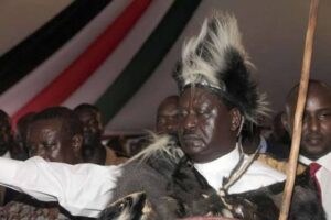 Raila Odinga in traditional attires during past traditional event. PHOTO/Standard