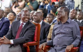 President William Ruto and former Prime Minister Raila Odinga during the signing of a political pact at KICC on March 7, 2025. PHOTO | PCS
