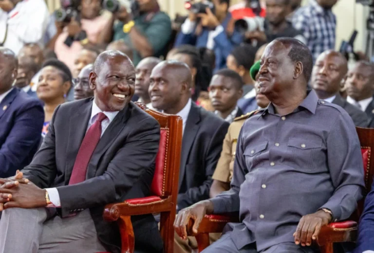 President William Ruto and former Prime Minister Raila Odinga during the signing of a political pact at KICC on March 7, 2025. PHOTO | PCS