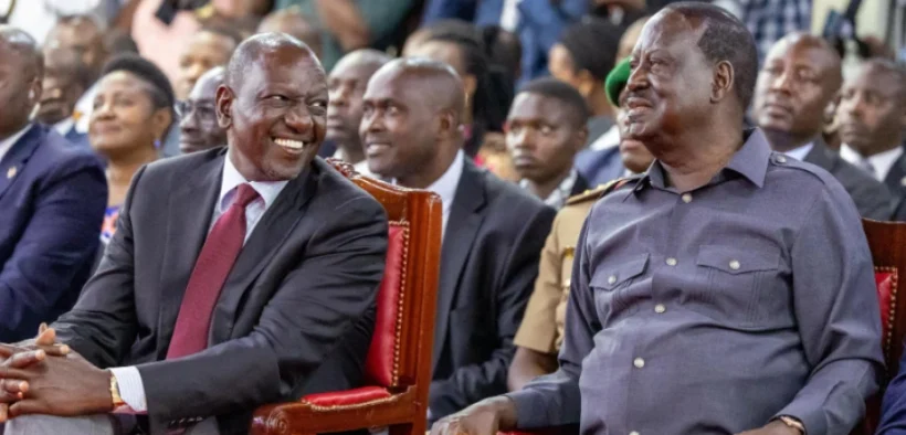 President William Ruto and former Prime Minister Raila Odinga during the signing of a political pact at KICC on March 7, 2025. PHOTO | PCS