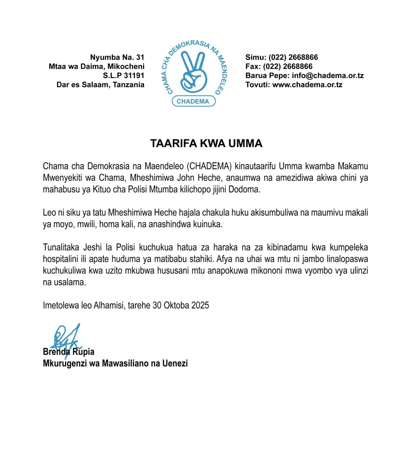 Tanzania Opposition party CHADEMA public notice about their leaders condition while in custody. PHOTO/Web
