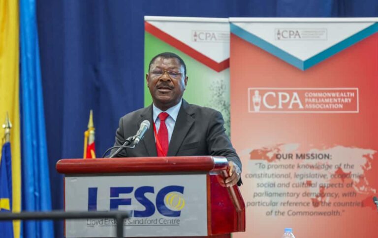 National Assembly Speaker Moses Wetang’ula speaking at the 68th Commonwealth Parliamentary Association meeting in Bridgetown, Barbados. PHOTO/Parliament.