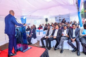 Health CS Duale speaking during the launching of New Oxygen Consignment Accessories. PHOTO/MoH X