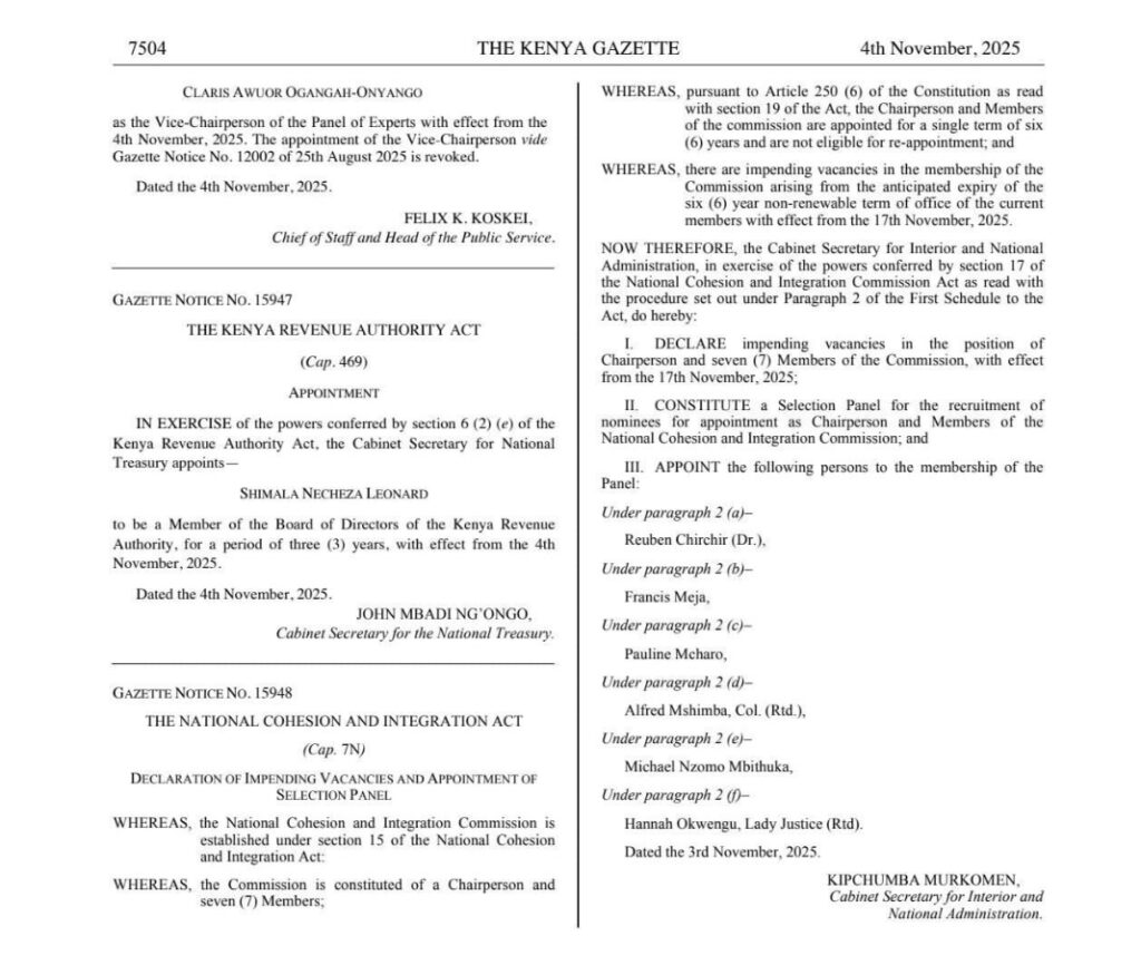 NCIC through Interior CS Murkomen declares vacancies. PHOTO/G