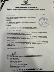 A notice from the office of County Governor asking health facilities to shift their accounts from Cooperative bank to Sidian Bank PHOTO/@Sifuna/X