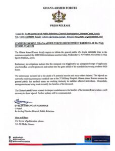A notice from GAF informing the public about the stampede that has occurred at the Elwak Sports Stadium Image/GAF