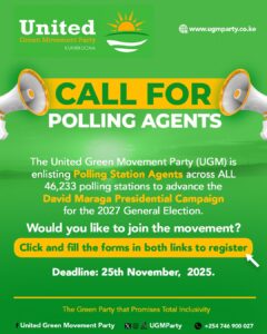 A Poster by UGM Party Calling For Applications for Poll Agents for the Party Leader David Maraga. PHOTO/ UGM X 
