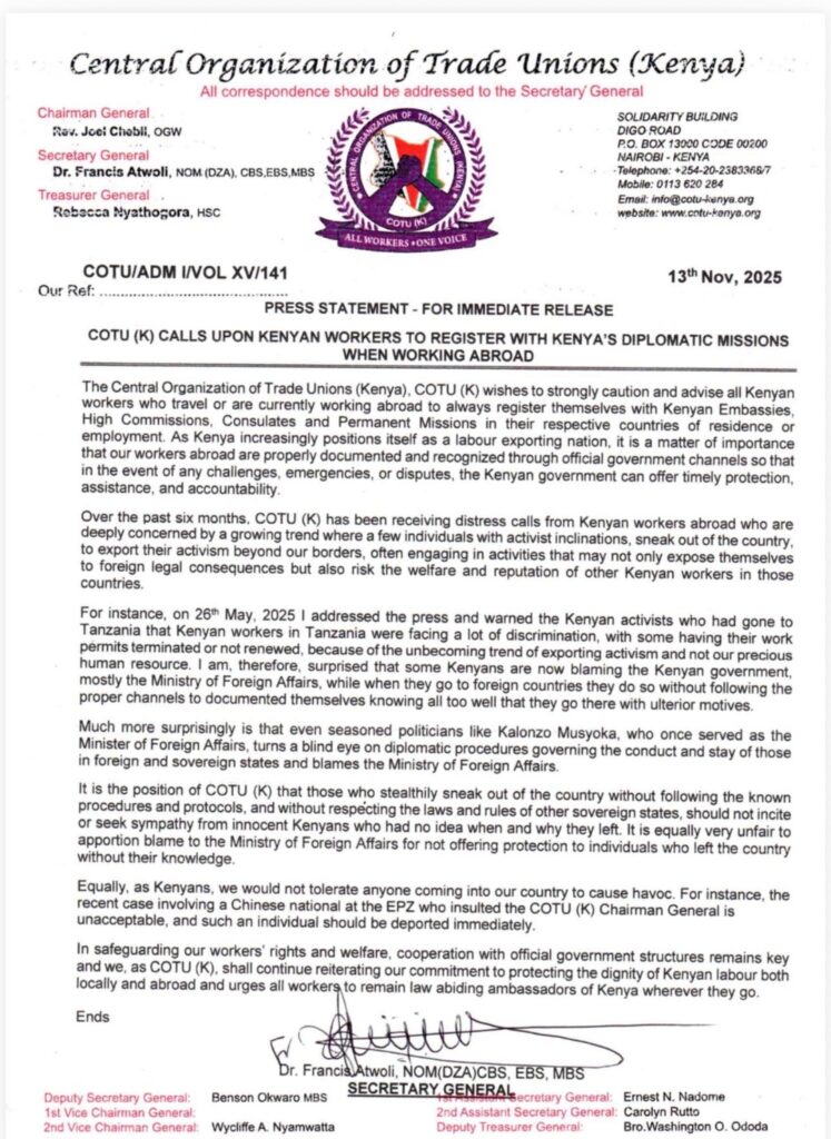 COTU notice urging Kenyan Workers abroad to register with different Kenyan Diplomatic Missions. PHOTO/Atwoli X