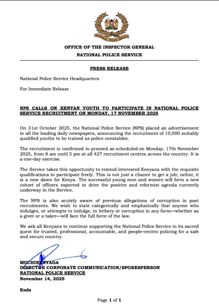 NPS press release notice to Kenyan youths ahead of police recruitment. PHOTO/NPS X