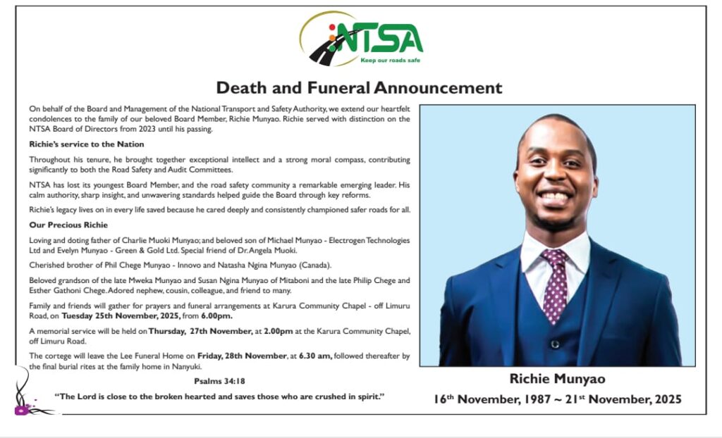 NTSA announces death of board director. PHOTO/NTSA X