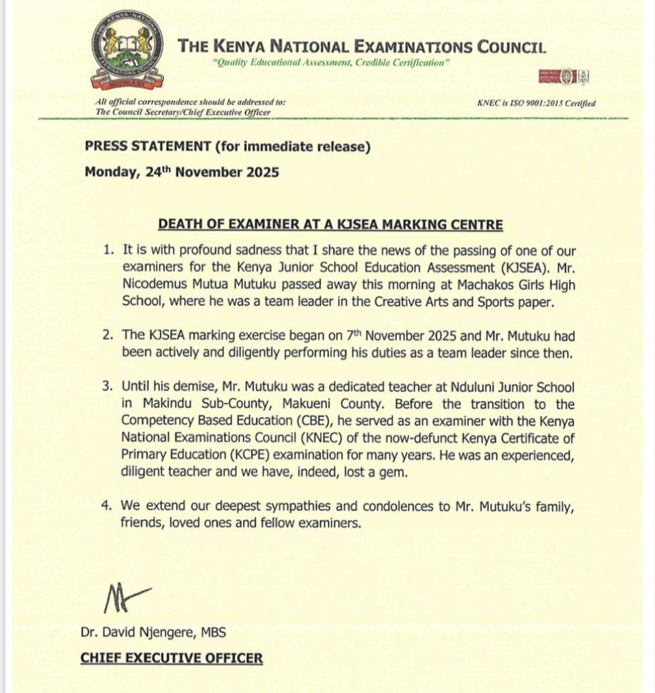 KNEC announces death of a teacher at examination centre. PHOTO/KNEC X