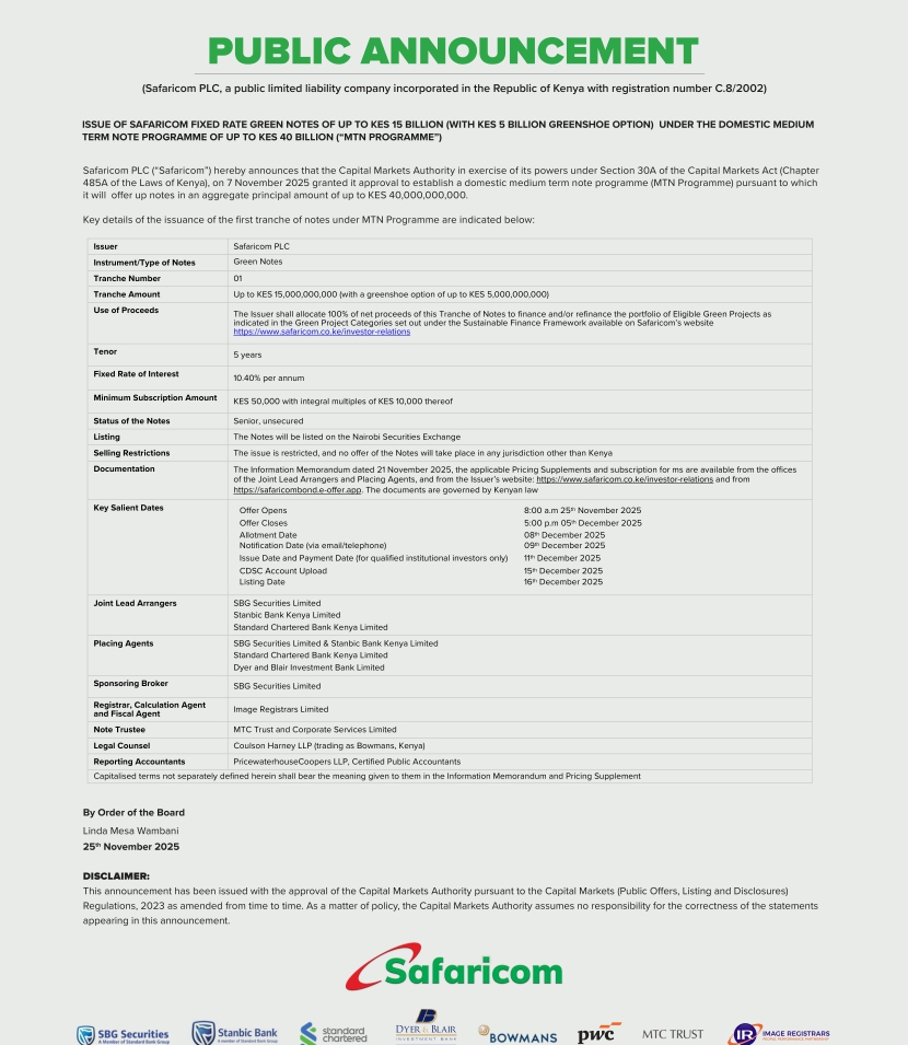 Safaricom public notice. PHOTO/Safaricom X