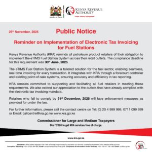 A Notice by KRA Issuing New Directive to All Fuel Stations. PHOTO/ KRA X
