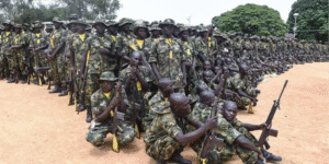 Recruits undergo training at the headquaters of the Depot of the Nigerian Army in Zaria, Kaduna State in northcentral Nigeria, on October 5, 2017. The military has been criticized for human rights abuses and claiming Boko Haram's defeat numerous times. PHOTO/ Pius Utomi Ekpei/AFP/Getty Images