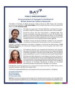 BAT Kenya public notice highlighting leadership changes. PHOTO/BAT X