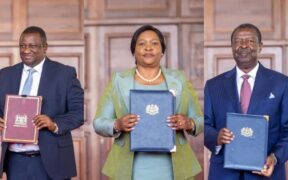 From left: Trade CS Salim Mvurya, Tourism CS Rebecca Miano, and Prime CS Musalia Mudavadi holding the agreements between Kenya and Malaysia. PHOTO/PCS. Ruto