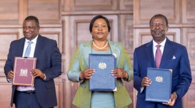 From left: Trade CS Salim Mvurya, Tourism CS Rebecca Miano, and Prime CS Musalia Mudavadi holding the agreements between Kenya and Malaysia. PHOTO/PCS. Ruto