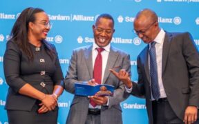 Sanlam Allianz Life Insurance (Kenya) Limited Chief Executive Officer Ms Jacqueline Karasha (left) joins Sanlam Allianz Holdings (Kenya) PLC Group CEO Dr Patrick Tumbo (centre) and Sanlam Allianz General Insurance (Kenya) CEO Mr George Kuria, at the Sanlam Allianz Kenya rebrand media briefing. PHOTO/Sanlam Allianz.