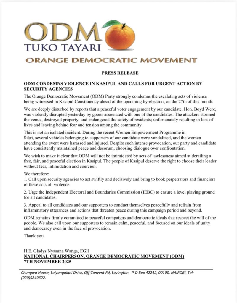 ODM public notice condemning violence in Kasipul. PHOTO/ODM