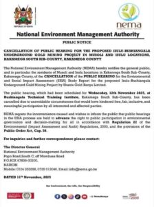 A notice from NEMA regarding the cancellation of public hearing of Kakamega Gold Mining Project PHOTO/NEMA