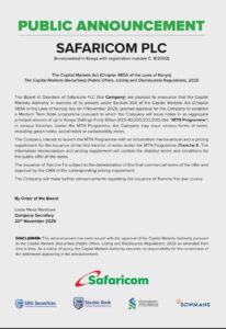 Safaricom PLC public announcement notice. PHOTO/Saf/X
