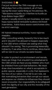 A message from Geoffrey Mosiria the Chief Officer for Environment in Nairobi County about the indecency growing in the CBD PHOTO:A screenshot of his message/@Mosiria