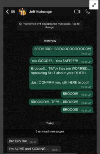 WhatsApp screenshot confirming Jeff Koinange is alive Image/@Xtian