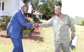 President William Ruto makes a courtesy call on President Yoweri Kaguta Museveni of Uganda at Mubende State Lodge in December 2019. PHOTO/PCS.