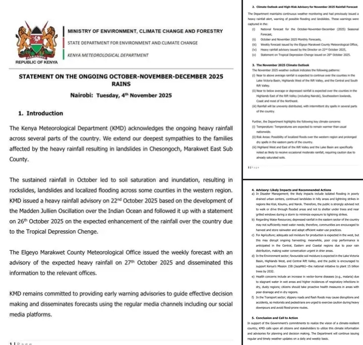 A collage of Kenya Met notice warning Kenyans about more rainfall. PHOTO/File