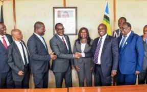 University union officials led by Uasu secretary general Constantine Wasonga and Kusu's Charles Mukhwaya with Education CS Julius Ogamba after the talks, November 4, 2025. /JULIUS OGAMBA/X