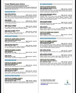 A Notice Issued by Kenya Power and Lighting Company(KPLC) On Planned Outages and Maintenance Across Different Regions. PHOTO/ KPLC