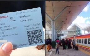 A collage of SGR train ticket and passengers boarding the train. PHOTO/File