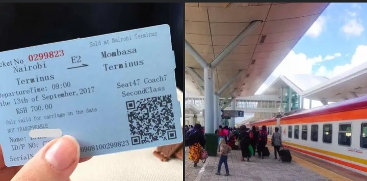 A collage of SGR train ticket and passengers boarding the train. PHOTO/File