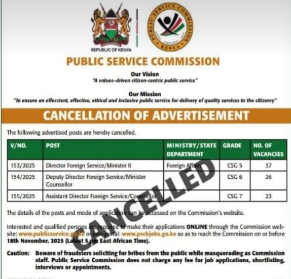 PSC cancels job vacancies