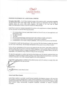 A Notice letter by Lazizi Mara Defending Compliance Amid Court Petition. PHOTO/ Lazizi Mara.