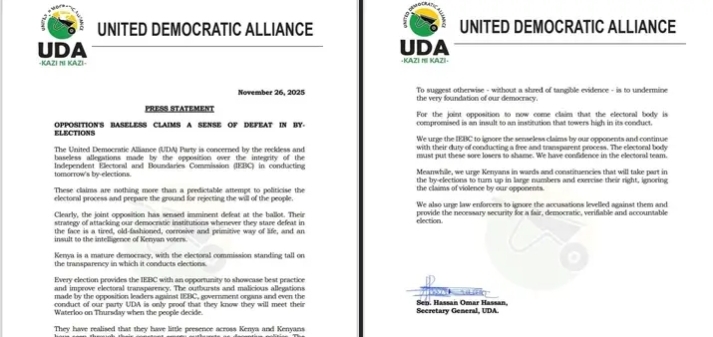 UDA press statement dismissing opposition claims released on November 26. PHOTO/File