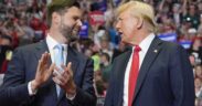 Former President Donald Trump and Republican vice presidential candidate Sen. J.D. Vance, R-Ohio, arrive a campaign rally on Saturday in Grand Rapids, Mich. Evan Vucci/A