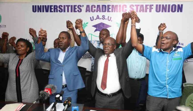 UASU leaders during a past press briefing. PHOTO/Wilbeforce Okwiri, The Standard.