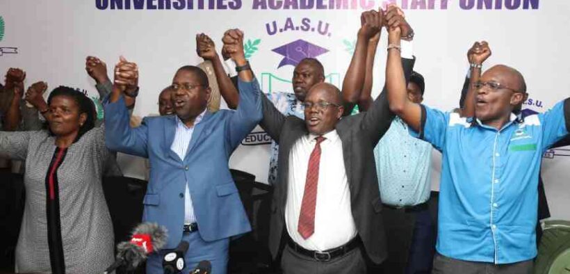 UASU leaders during a past press briefing. PHOTO/Wilbeforce Okwiri, The Standard.