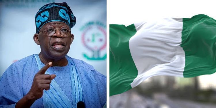 A Collage of Nigerian President Bola Ahmed Tinubu and A Nigerian Flag. PHOTO/ File