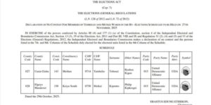 IEBC has officially declared a no contest for Members of the County Assembly (MCA) for Tembelio and Metkei Wards in the upcoming by-elections scheduled for 27th november 2025