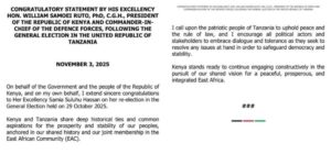 Kenyan President William Ruto has issued a statement congratulating his Tanzanian counterpart Samia Suluhu. PHOTO/PCS.