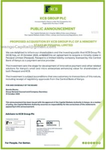 KCB) has announced plans to acquire a minority stake in Pesapal Limited